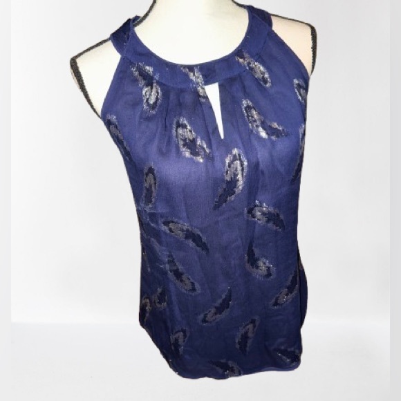 White House Black Market Blue Silver Cut Out Blouse - Picture 2 of 5